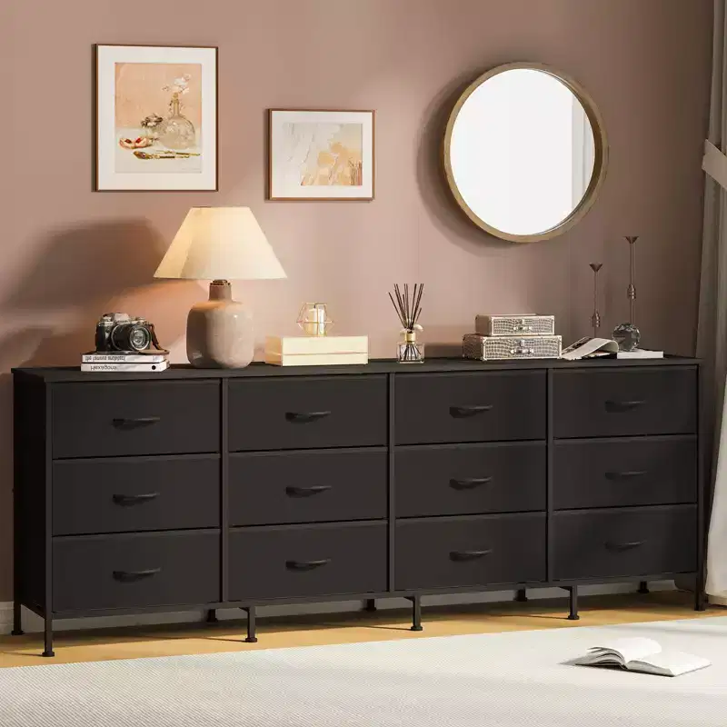 COZONY 70.8 12 Drawer Fabric Dresser TV Stand for 65-80 Inch TV, Wide Storage Organizer with Wood Top for Bedroom