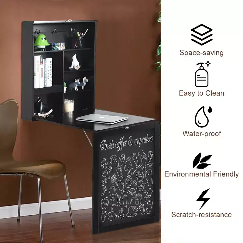 Costway Wall Mounted Table Fold Out Convertible Desk with A Blackboard/Chalkboard Black\Brown\White\Grey