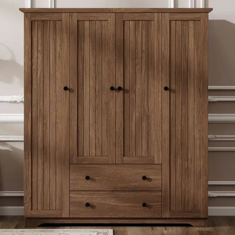 Brown/White 4-Door Wardrobe Armoire with 2 Drawers