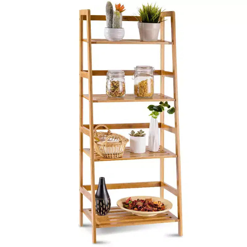 Costway Multifunctional 4 Shelf Bamboo Bookcase Ladder Plant Flower Stand Rack Storage White/Natural