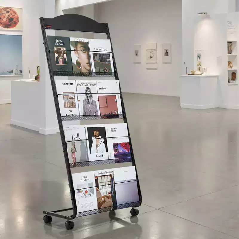 VEVOR Brochure Display Rack, 4-Tier Magazine Literature Display Stand with Wheels, Movable Floor Standing Magazine Rack, Black