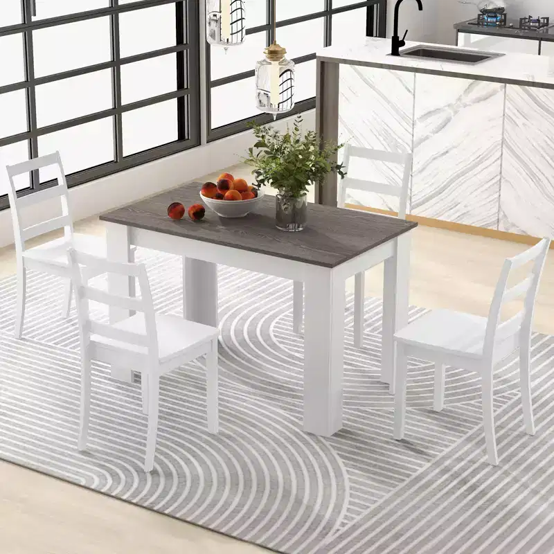 Costway 5 PCS Dining Set Modern Rectangle Table & 4 Rubber Wood Chairs Kitchen Breakfast