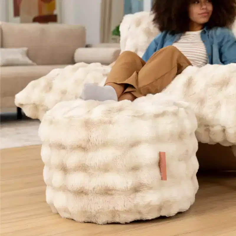 Raven Round Ottoman Accent Pouf by Raven-Symon Home - Faux Fur
