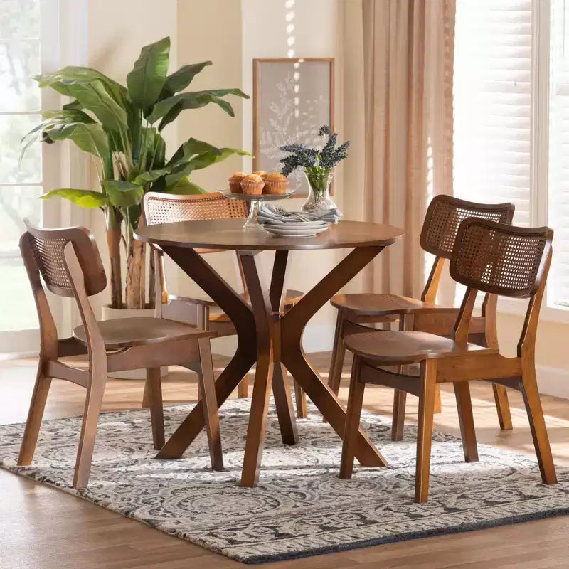 Baxton Studio Linnet Mid-Century Modern Wood and Rattan 5-Piece Dining Set