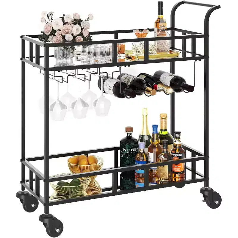 2 Tier Rolling Wine Bar Cart for Home, Small Alcohol Liquor Cart with Mirrored Shelves, Wine Racks & Glass Holder