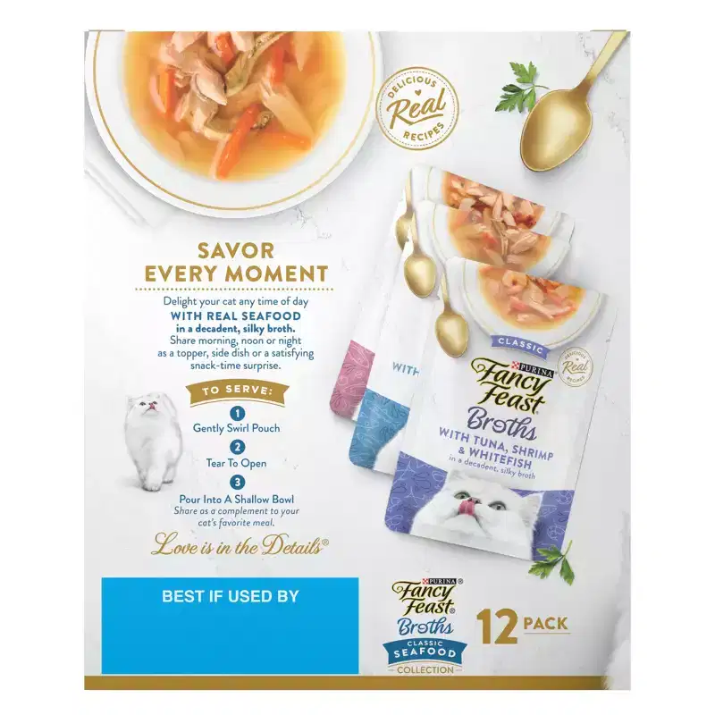 Purina Fancy Feast Broths Lickable Classic Collection Gourmet Wet Cat Food Complement Seafood, Tuna, Salmon, Shrimp, Fish - 1.4oz/12ct Variety Pack