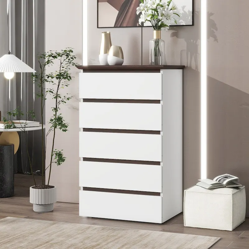Tall White Dresser for Bedroom, Mid Century Modern Dresser with Drawers, 5 Drawer Dresser with Wood Color Top, Small Dresser
