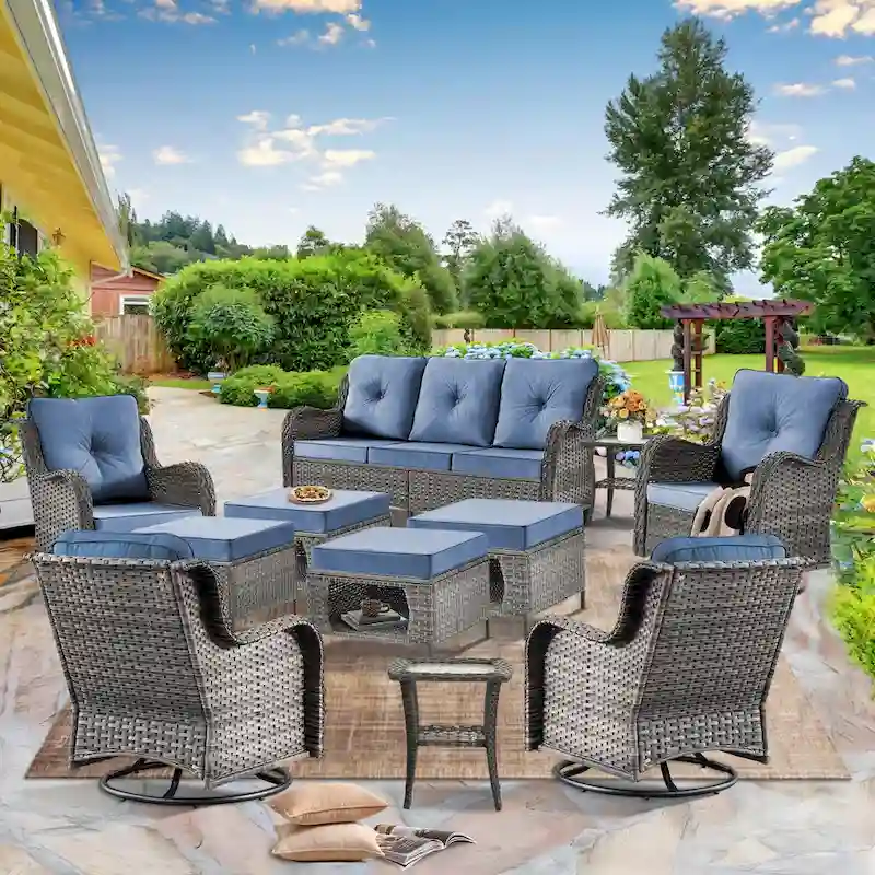 Patio Furniture-11 Piece Wicker Patio Furniture Set with Swivel Chairs