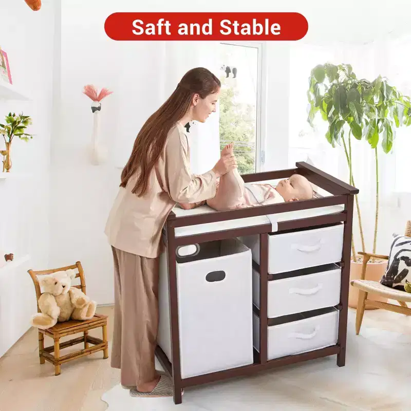 36 Modern Baby Changing Table Dresser with 3 Drawers & Laundry Hamper  Nursery Furniture