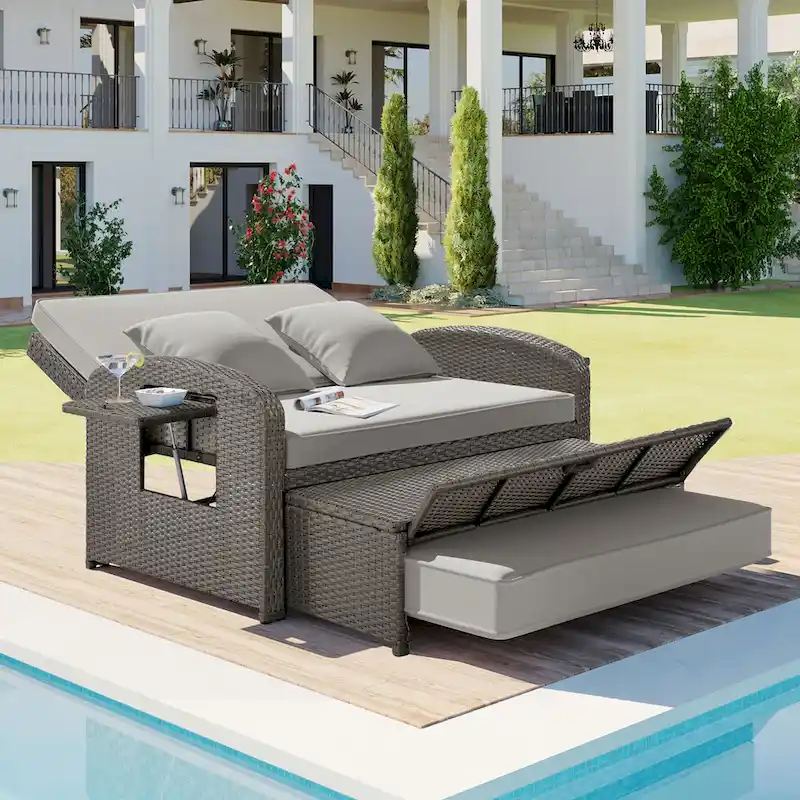 PE Wicker Rattan Double Chaise Lounge, 2-Person Reclining Daybed with Adjustable Back and Cushions, Patio Sun Lounger