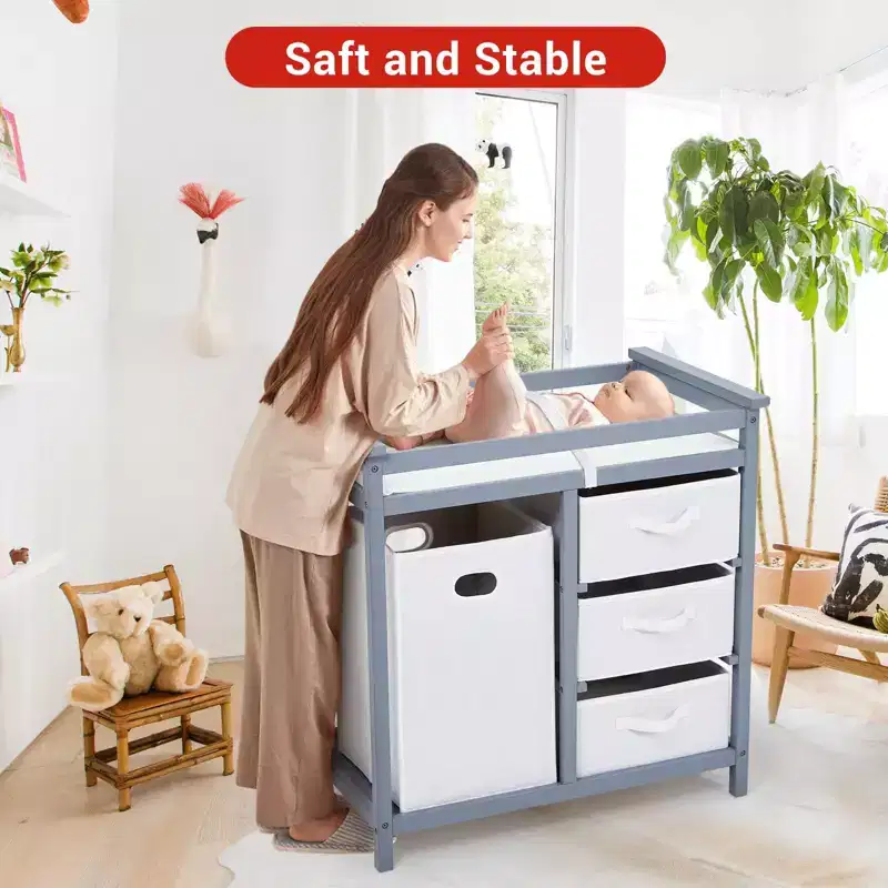 36 Modern Baby Changing Table Dresser with 3 Drawers & Laundry Hamper  Nursery Furniture