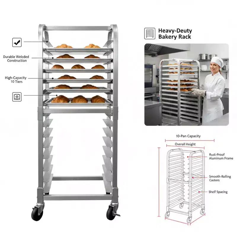 Aluminum Bun Pan Rack on Wheels, 15-Tier, Lockable Casters, Open Frame, for Kitchen & Bakery