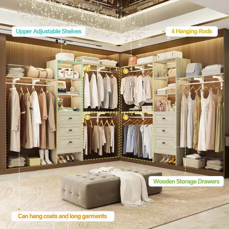 Set of 2 Closet System Organizer with Shelves and 6 Hanging Rods, 116-192 Walk-In Closet System with Drawers