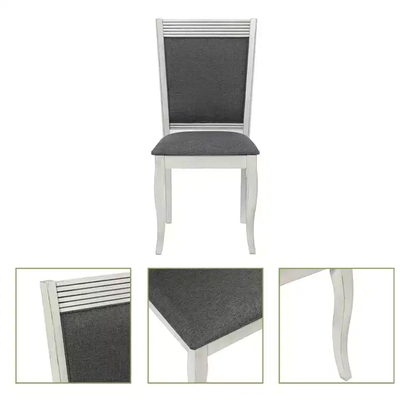 LuxenHome Set of 2 Distressed Off White Rubberwood and Gray Upholstered Dining Chair