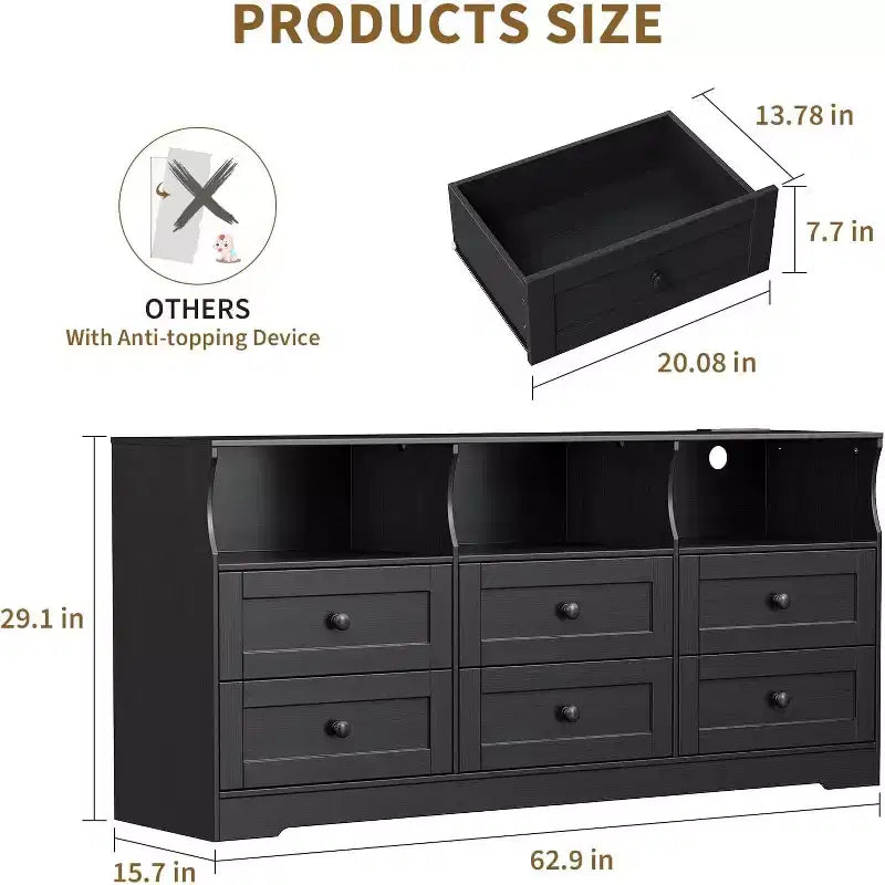 Slim 6 Drawer Dresser with Open Shelf, Space Saving Narrow Chest for Nursery Apartment Closet, Finish Modern Storage Organizer, Easy Assembly