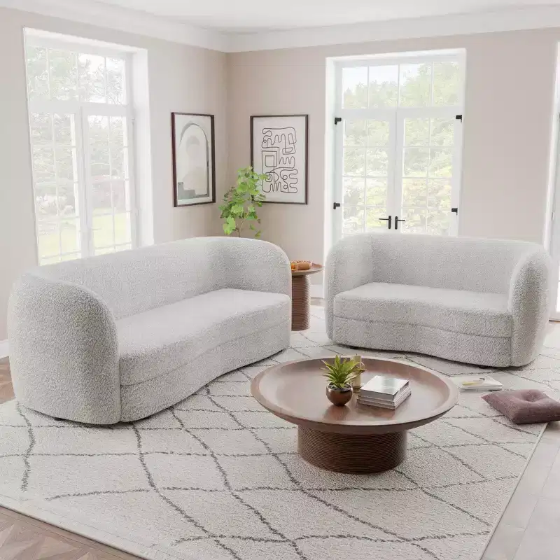 HOMES: Inside + Out 63.75" Pinehush Boho Curved Boucle Fabric Loveseat with Pocket Coil Cushions