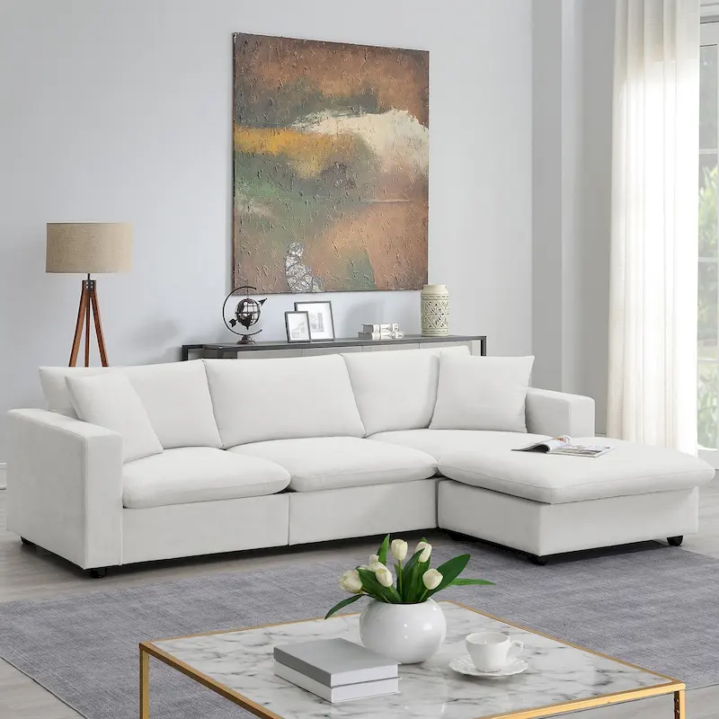 L-shaped Sectional Cloud Couch Set w/Throw Pillows, Ottoman, Wide Seat