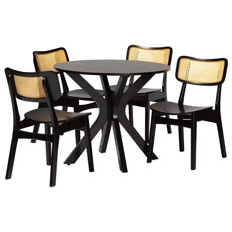Baxton Studio Linnet Mid-Century Modern Wood and Rattan 5-Piece Dining Set