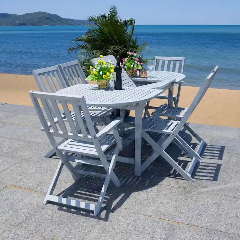 SAFAVIEH Linda 6-Chair 1-Table Extendable Patio Dining Set - 35Wx79Dx30H