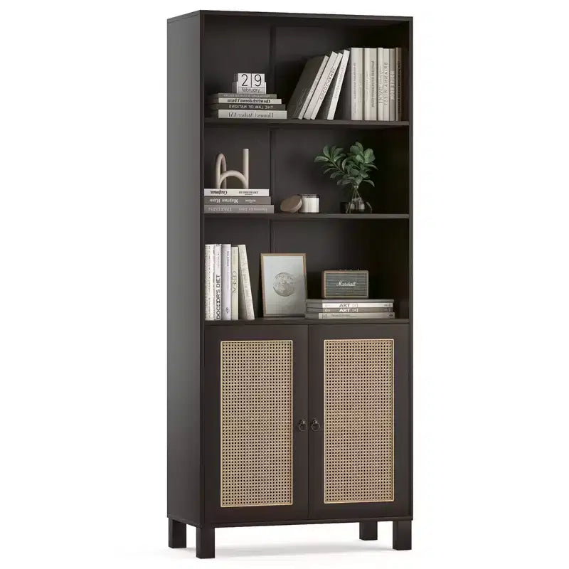 MAYEERTY Tall 5-Tier Bookcase with Rattan Doors, Wood Storage Shelves for Library Living Room Bedroom Home Office