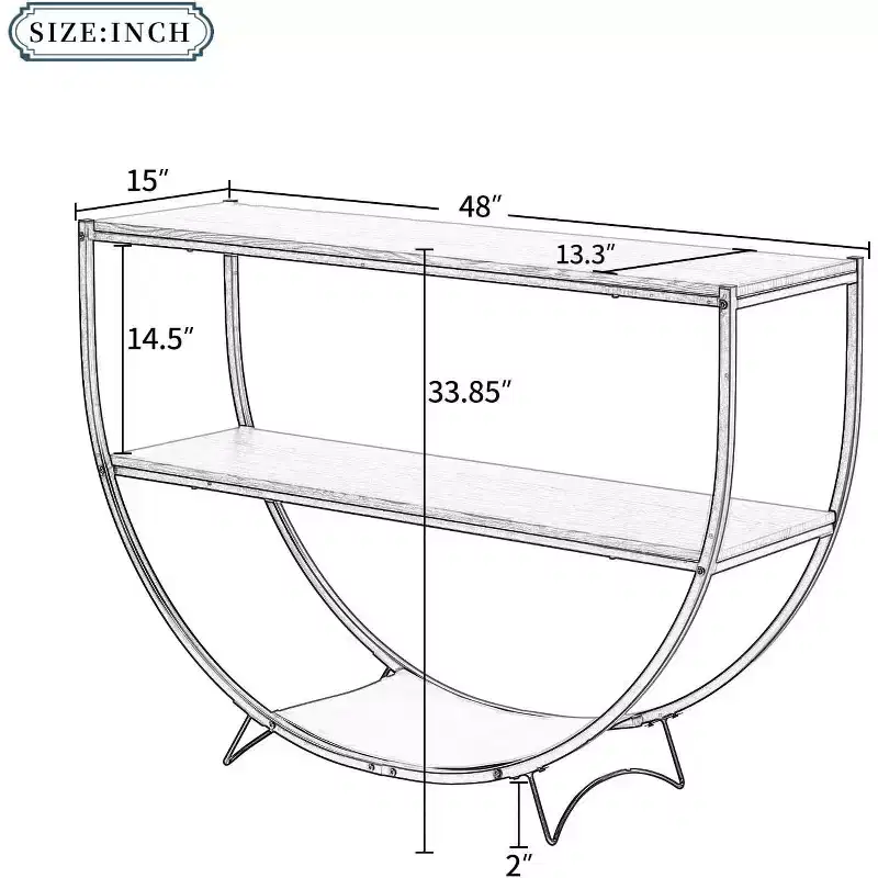 Demilune Shape Console Table, 48 Industrial Style Entryway Table with 3-Tier Open Storage Shelf, Wooden Sofa Table with MDF Desktop and Metal Frame