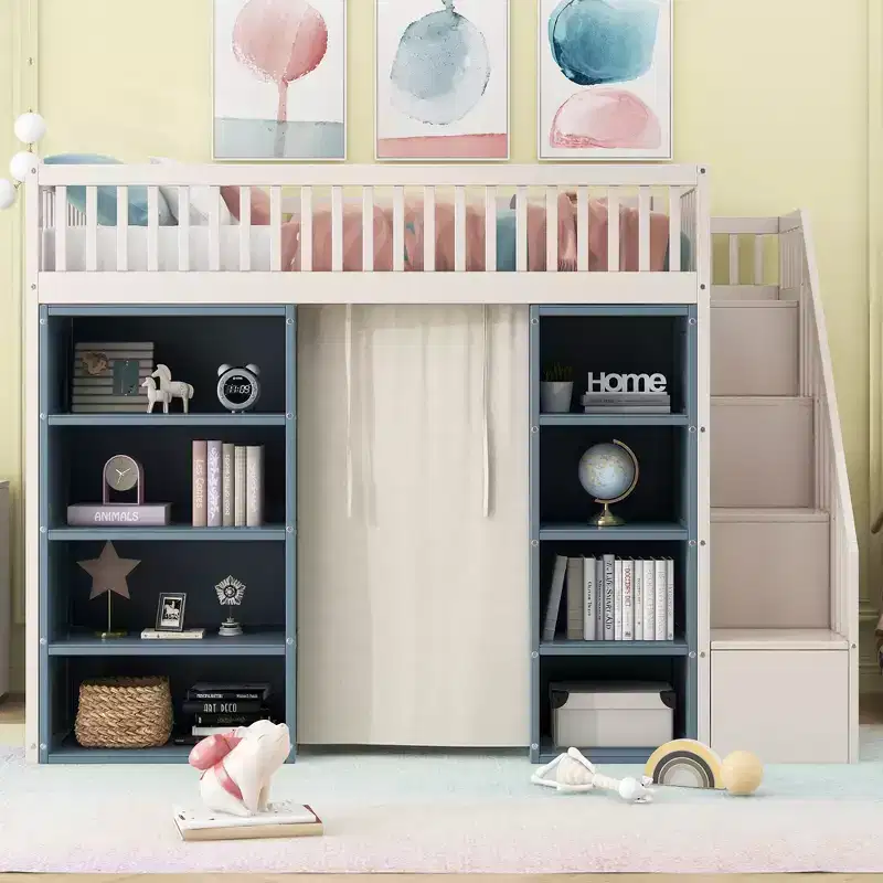 Full Size Loft Bed with 2 Four-layer Storage Cabinets, Curtain and Multi-Functional Storage Staircase, White+Blue-ModernLuxe