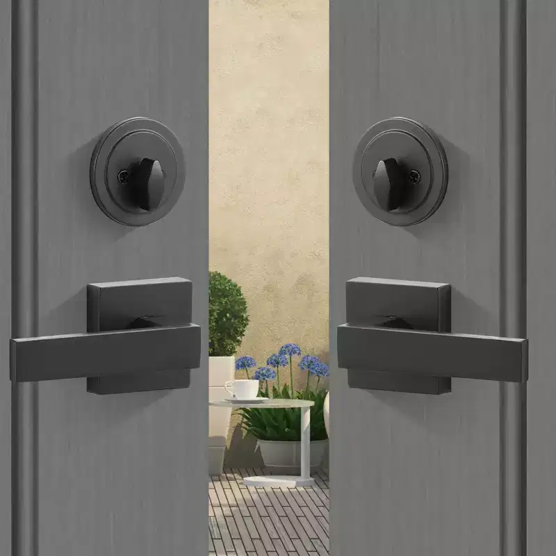 VEVOR Double Door Handle Set, Matte Black Square Door Lever, Double Front Door Handle Set with Reversible Handle Lever, Black