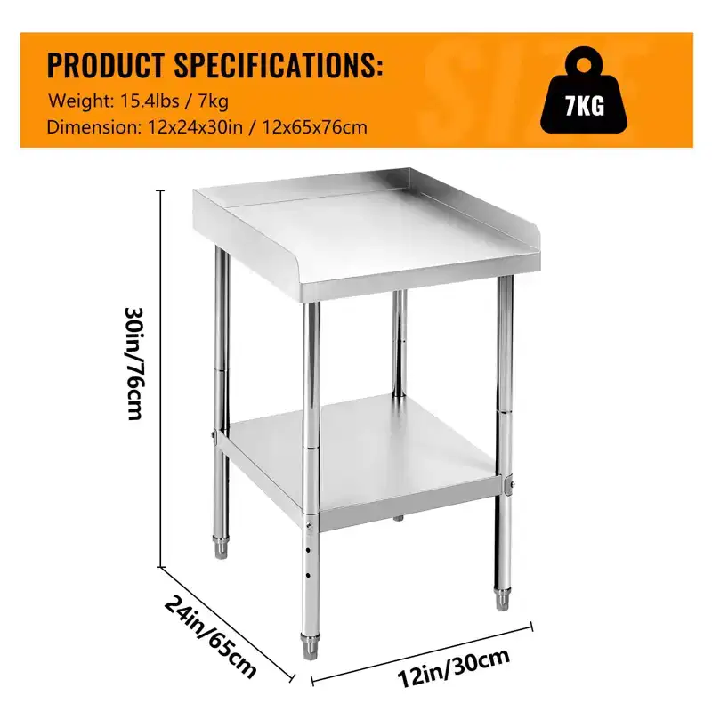Commercial Stainless Steel Work Table with Adjustable Height - 400 lb Capacity, 2 Safety Lip, Heavy-Duty for Restaurant Kitchen & Food Prep