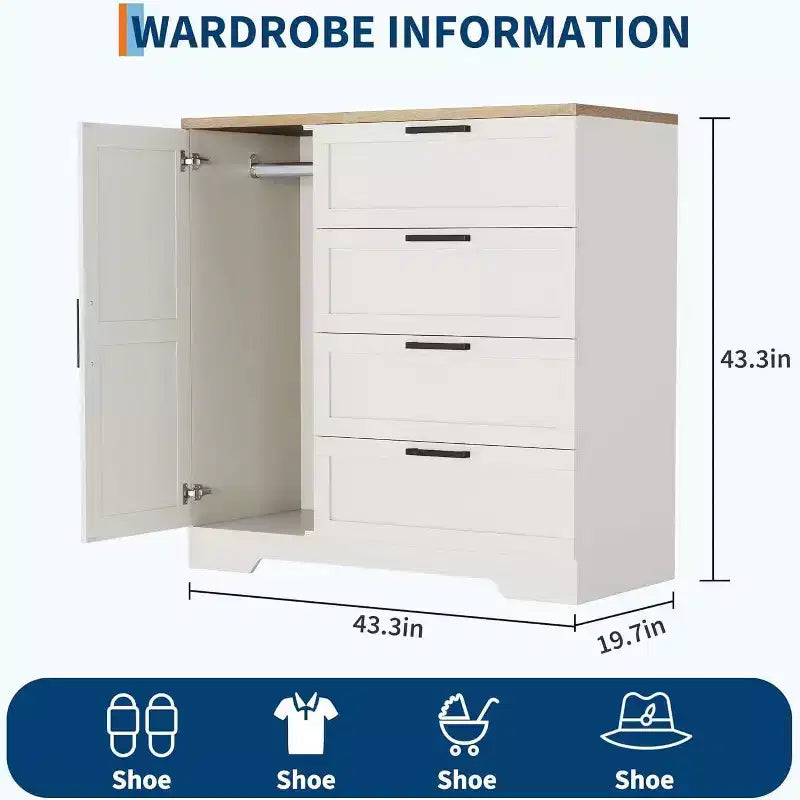Wood Armoire Wardrobe Closet, 43.3 Bedroom Cabinet with 4 Drawers, Door & Hanging Rod Storage Organizer