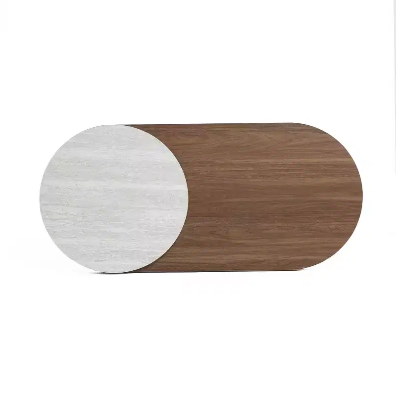 LuxenHome Travertine-Style and Walnut Finish MDF Wood Oval Coffee Table Brown