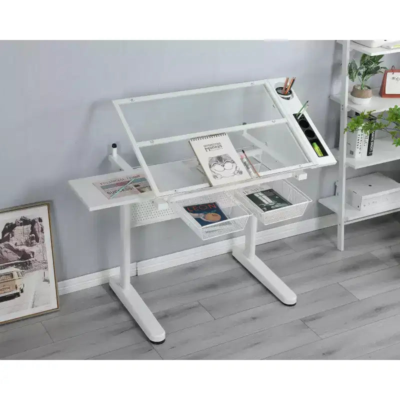 JVNOXK hand crank adjustable drafting table drawing desk with 2 metal drawers (white)-WITH STOOL