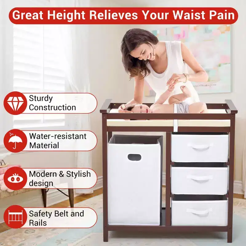 36 Modern Baby Changing Table Dresser with 3 Drawers & Laundry Hamper  Nursery Furniture