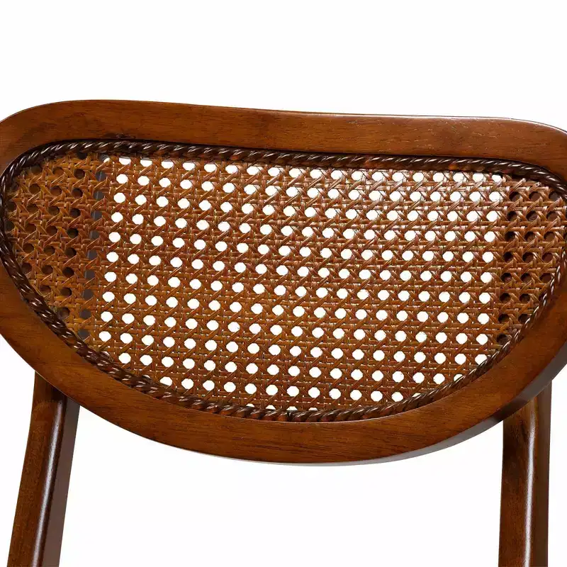 Baxton Studio 2pc Hesper Wood and Rattan Dining Chair Set Walnut Brown/Light Brown: Mid-Century, Crescent Backrest, Angled Legs
