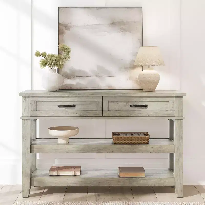 GustoWave Entryway Table, Console Table with 2 Storage Drawers, 3 Tier Farmhouse Wooden Sofa Table, Hallway Tables, Rustic Grey