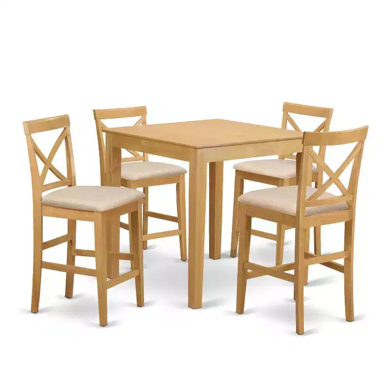 HomeStock Belmont 5 Piece Kitchen Counter Set Includes a Square Dining Table and 4 Dining Room Chairs, 36x36 Inch, Oak