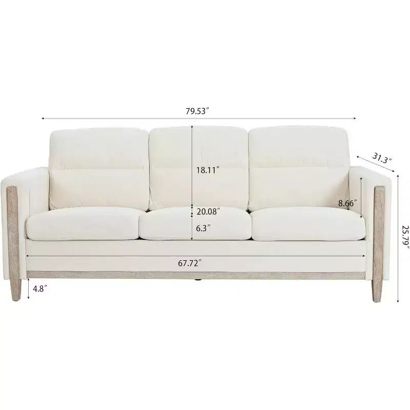 Acekool 79.5 Modern 3-Seater Sofa, Cushioned Couch with Armrests & Side Pocket, Wood Legs for Living Room, Home Office, Apartment, Beige