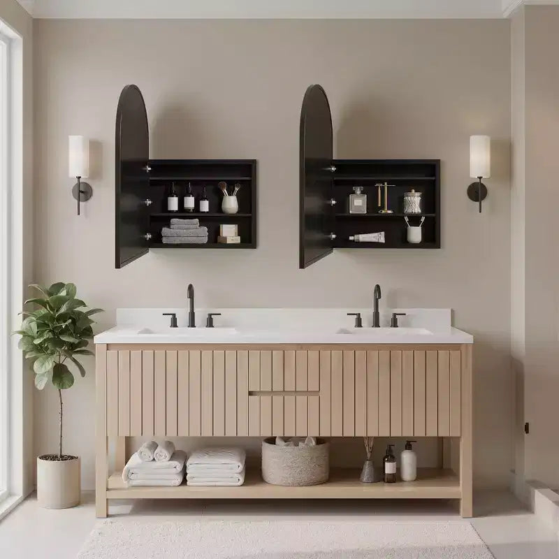 PexFix 2Pcs Arched Medicine Cabinet with Mirror Metal Framed Bathroom Mirror Cabinet with Storage Recessed & Surface Mount Wall Mounted Vanity Cabinet
