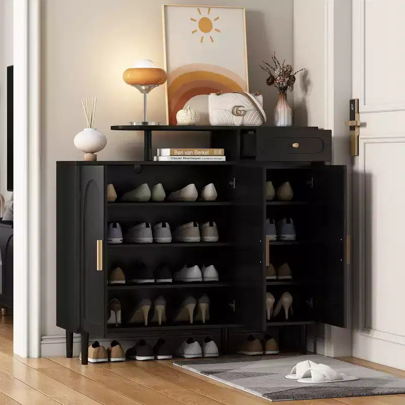 JVNOXK Stylish and elegant shoe cabinet, cream-colored storage sideboard with adjustable shelves and solid wood legs, black