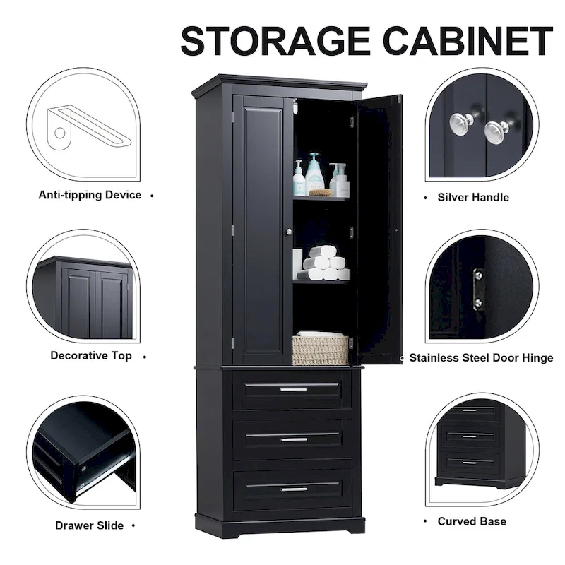 24 x 15.7 x 70 Freestanding Bathroom Cabinet with 3 Drawers