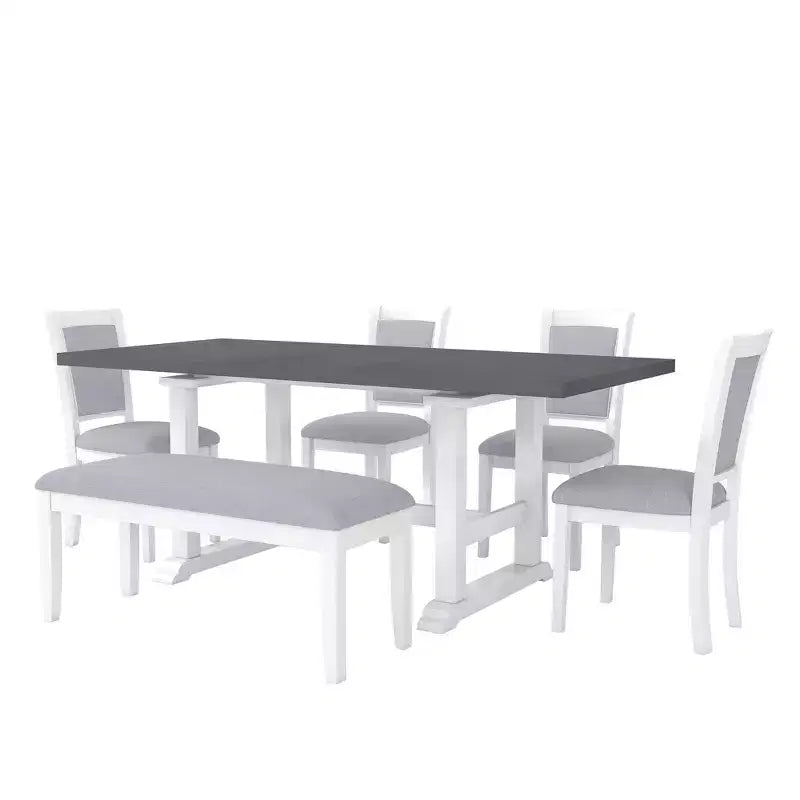 Whisen Updated 6-Piece Rustic Kitchen Extendable Dining Table Set, 76.9 Trestle Dining Table & 4 Upholstered Dining Chairs, 1 Bench