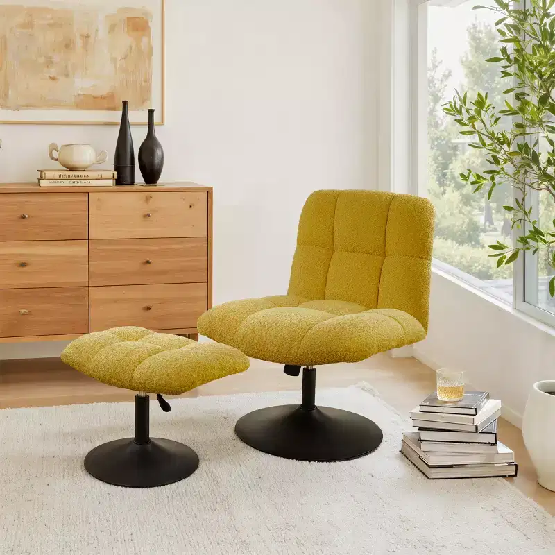 Art Leon Leisure Linen Fabric Swivel Accent Chair with Ottoman, Wood and Metal Frame