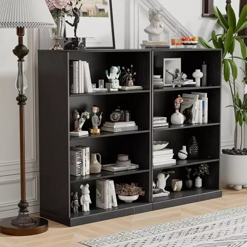 2-Piece Set of Large-Sized Modern Minimalist Wood Grain Edge Cabinets Without Doors, with 4-Layer Shelves