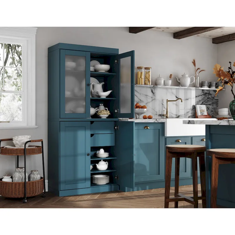 Armoire de rangement 100 % bois massif avec portes en verre dépoli, portes pleines, 2 tiroirs et étagères réglables.