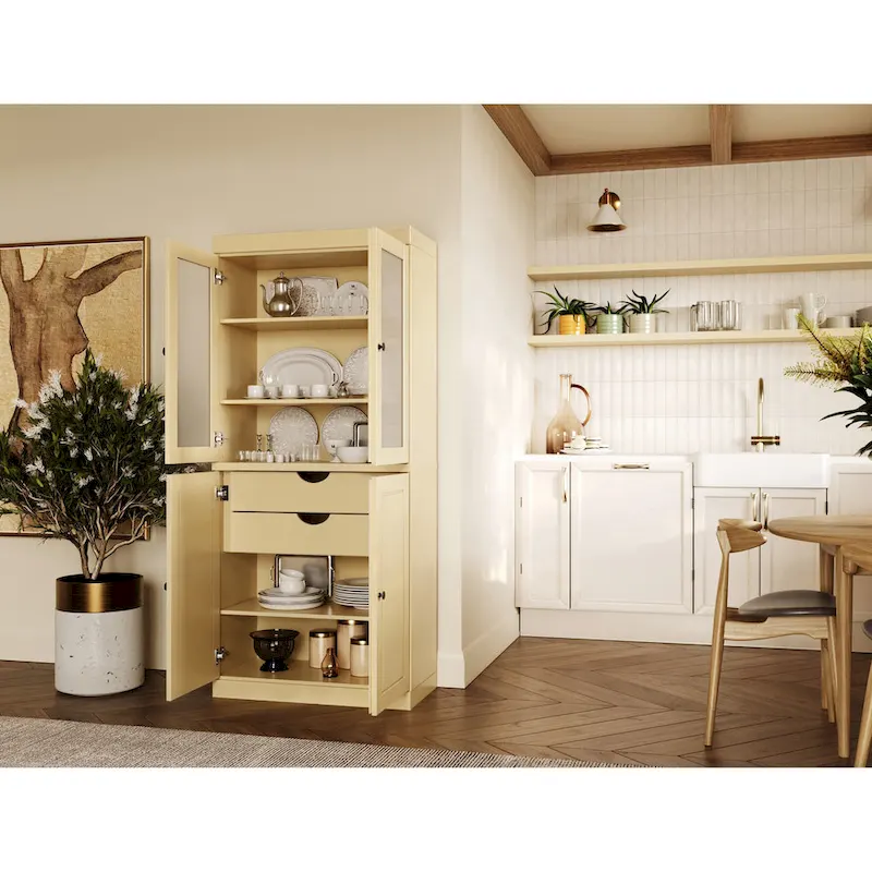 Armoire de rangement 100 % bois massif avec portes en verre dépoli, portes pleines, 2 tiroirs et étagères réglables.