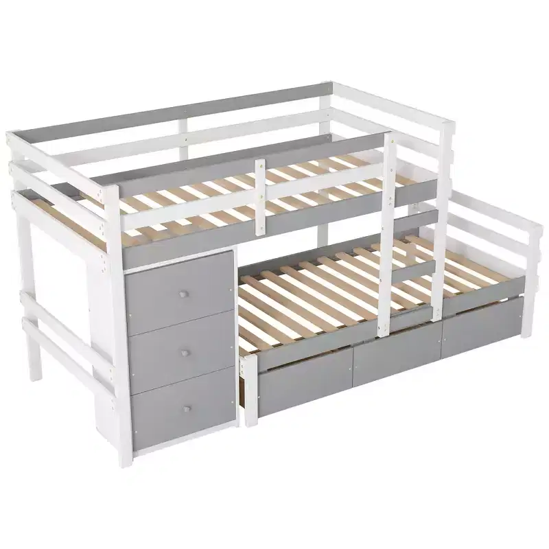 Twin over Twin Wooden Bunk Bed Frame with Drawers and Ladder -ModernLuxe