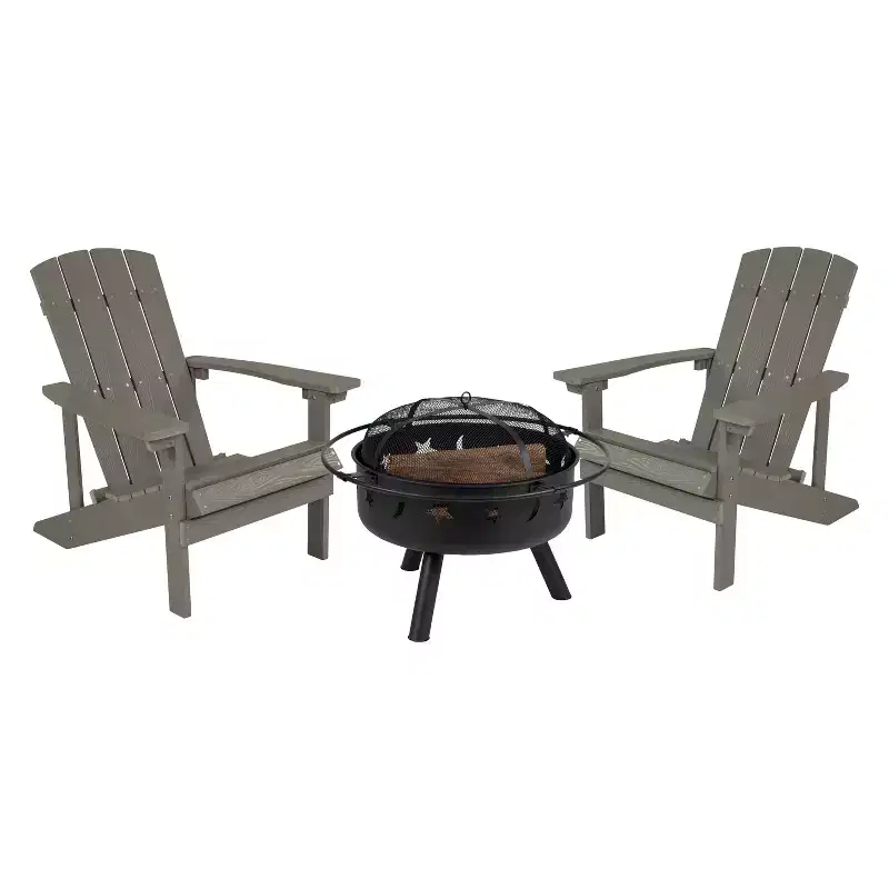 Emma and Oliver Three Piece Hartford Camping Set with Two Faux Wood Adirondack Chairs and Star and Moon Fire Pit with Mesh Cover