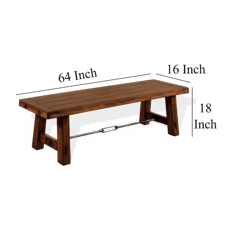 Dining Bench, Brown Mahogany Wood with Turnbuckle Accents, 64 Inch