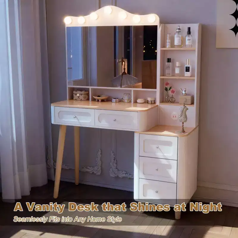 Okak Makeup Vanity with 2 USB Power Strip, Vanity Table with Foldable Three-Sided Mirror, Ample Storage Dressing Table for Home, White