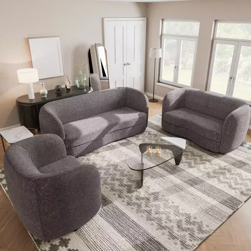 HOMES: Inside + Out 63.75" Pinehush Boho Curved Boucle Fabric Loveseat with Pocket Coil Cushions