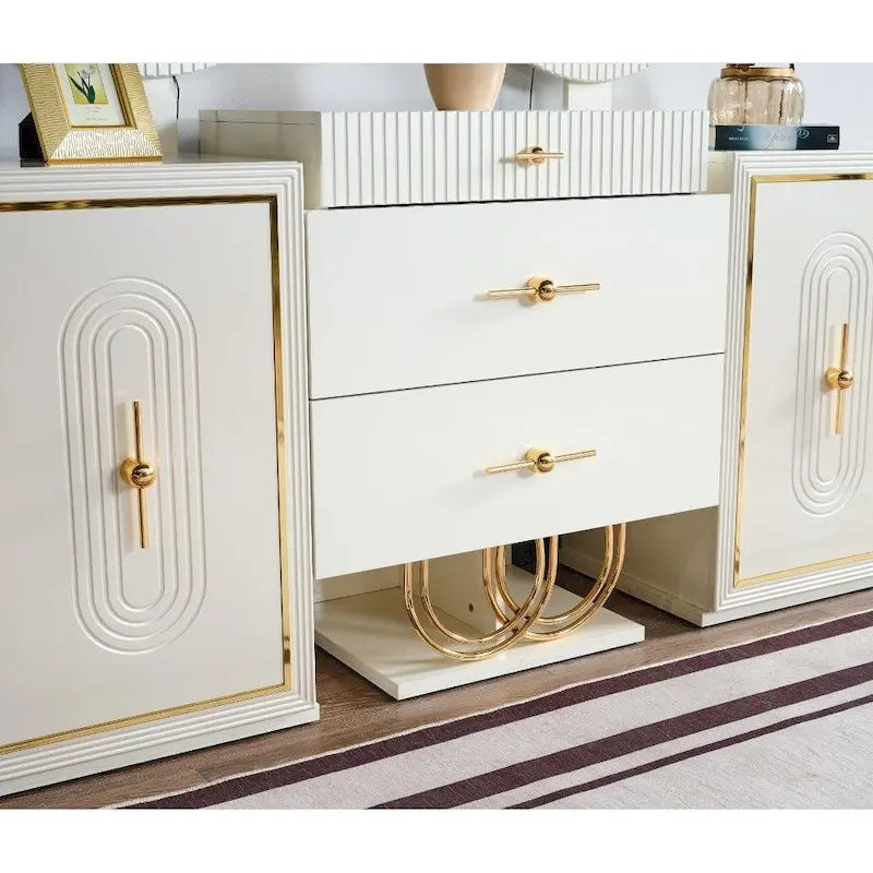 White High-Gloss Buffet Sideboard with Dual Oval LED Mirrors Gold Hardware
